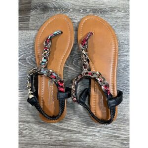 Golden Road NY Sandals Women's 8.5 Tan Black Floral Chain Link Thong Slingback